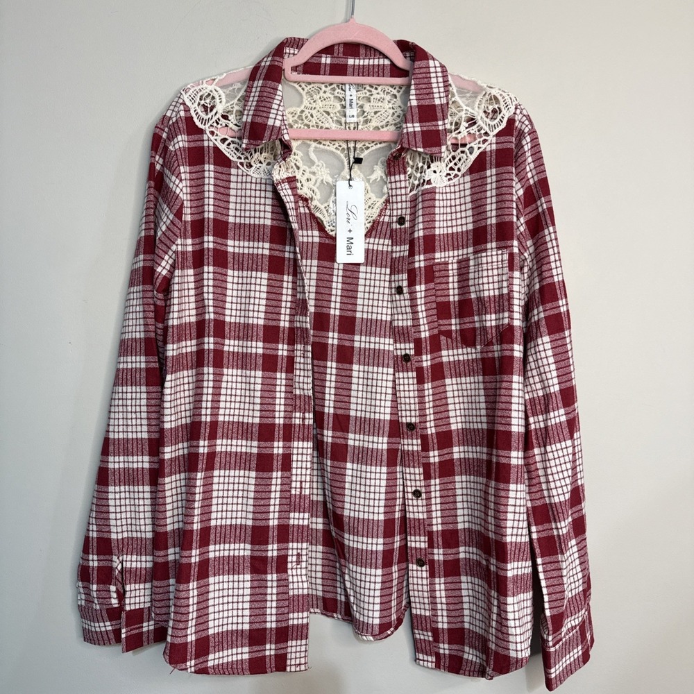 Lori + Mari Red Plaid Lace Yoke Shirt Cowgirl Western Button Down NWT L - Picture 14 of 14